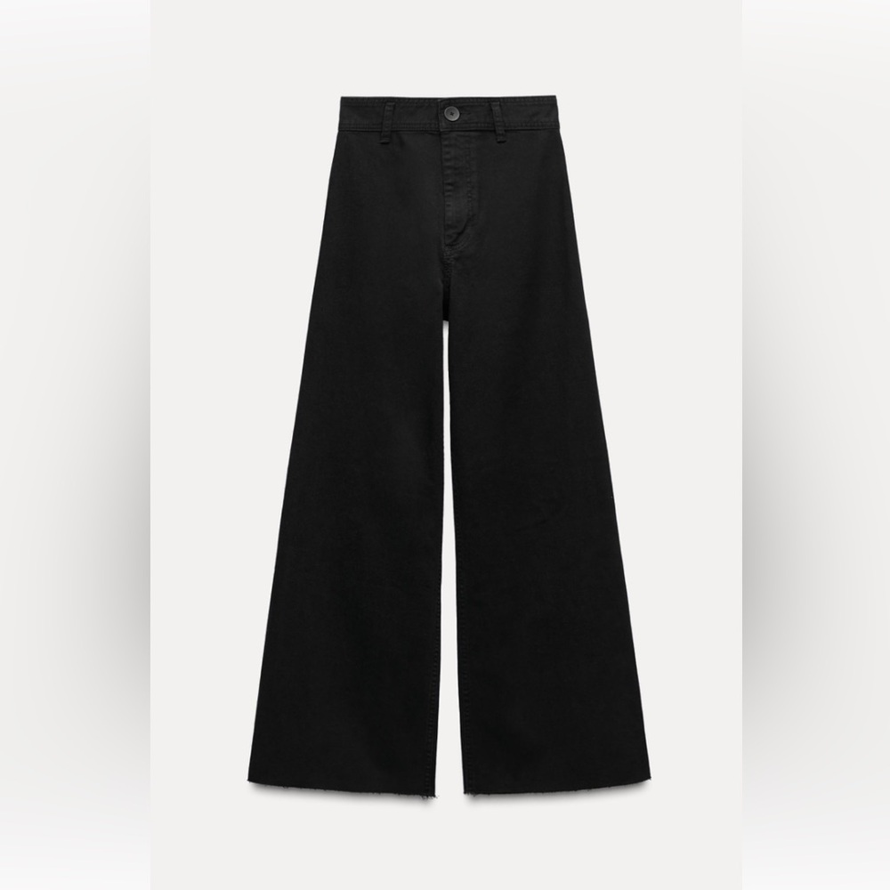 Zara The Marine Straight Wide High Waist Jeans in Black Size 2 Raw Hem